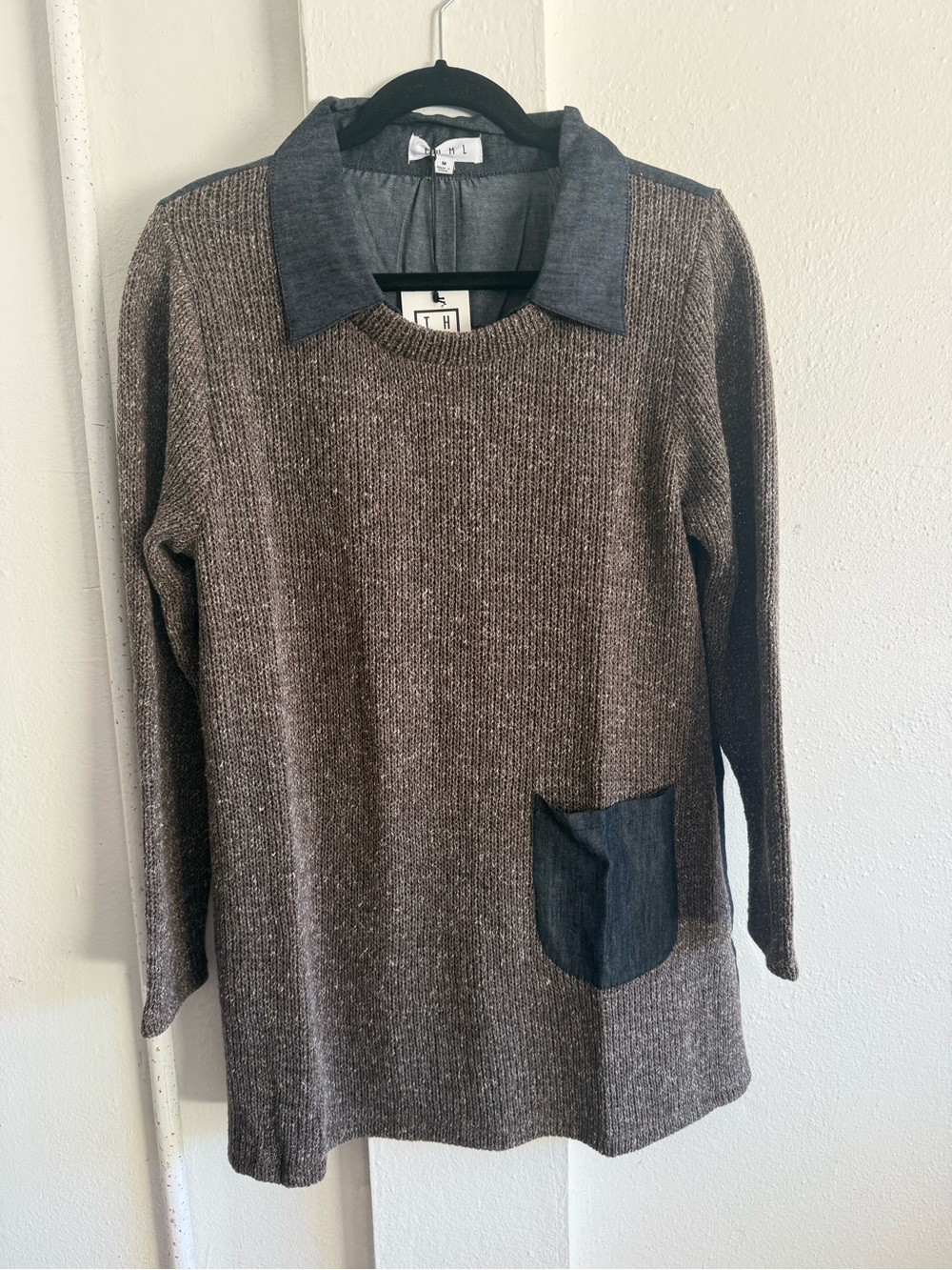 THML Brown Knit Scoop-Neck Sweater Dress with Dark Gray Contrast Collar & Pocket